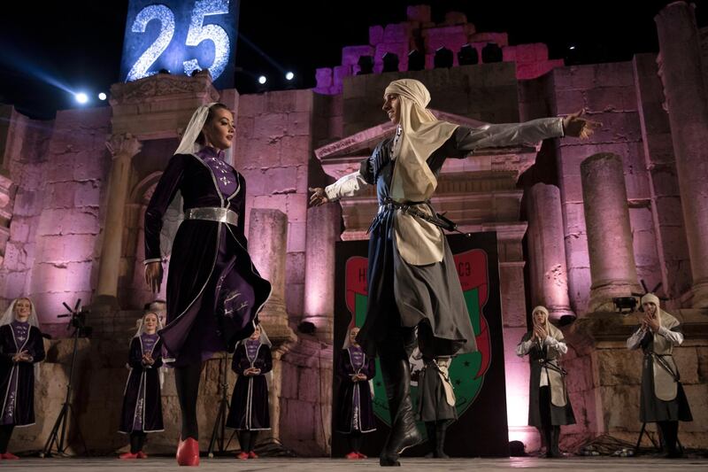 Circassian dancers from Al-Jeel Al-Jadeed Club (the New Generation Club) perform during the 2019 Jerash Festival of Culture and Arts at the Jerash archeological site, Jerash, some 46 km North of Amman, Jordan.  EPA