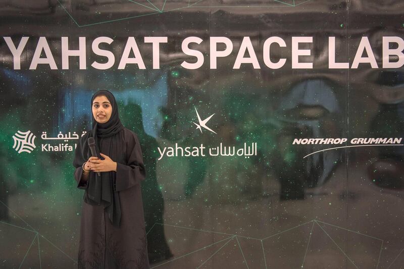 July 25,2018:  Fatima Muthanna student of  Khalifa University during launching ceremony of  Mysat-1 at Yahsat Space Laboratory, Masdar Institiute of Science and Technology, Abu Dhabi,UAE,Vidhyaa for The National