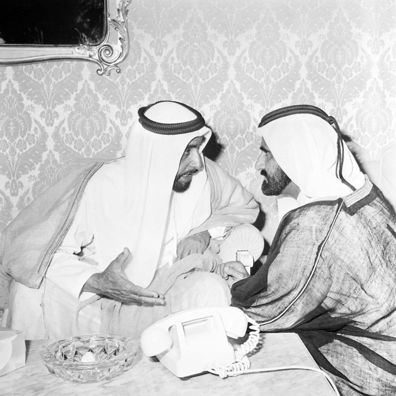 On Zayed Humanitarian Work Day, Sheikh Mohammed bin Rashid, Vice President and Ruler of Dubai, shared an image of himself speaking with UAE Founding Father Sheikh Zayed bin Sultan Al Nahyan. Photo: Twitter/HHShkMohd