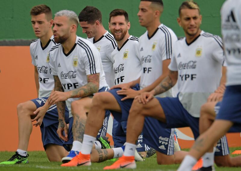 From left: Juan Foyth, Nicolas Otamendi, Messi, Ramiro Funes Mori and Roberto Pereyra take part in a training session. AFP