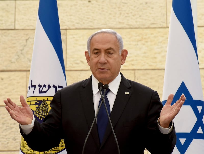 FILE PHOTO: Israeli Prime Minister Benjamin Netanyahu speaks at a ceremony for fallen soldiers of Israel's wars at the Yad Lebanim House on the eve of Memorial Day, in Jerusalem, April 13, 2021. Debbie Hill/Pool via REUTERS/File Photo