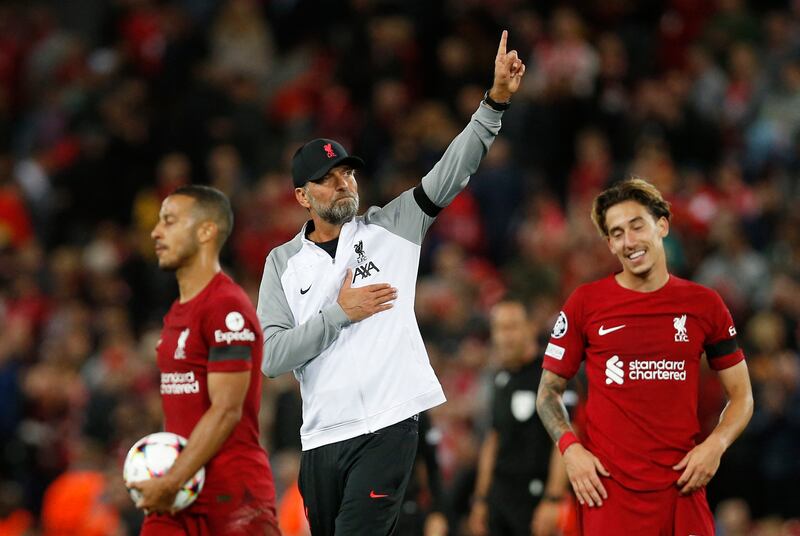 Liverpool manager Jurgen Klopp with Kostas Tsimikas and Thiago Alcantara  after the match. Reuters