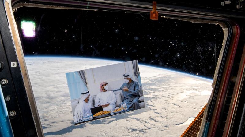 Sultan Al Neyadi shared a Father's Day tribute from space, featuring President Sheikh Mohamed and the astronaut's father. Sultan Al Neyadi / Twitter