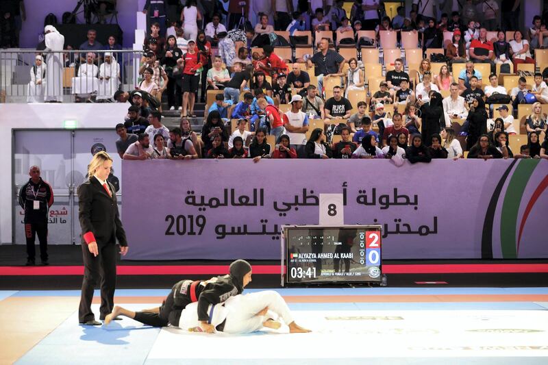 ABU DHABI,  UNITED ARAB EMIRATES , April 21 – 2019 :- Spectators during  the Abu Dhabi World Professional Jiu Jitsu  Championship 2019 held at the Mubadala Arena in Abu Dhabi. ( Pawan Singh / The National ) For Sports. Story by Amith