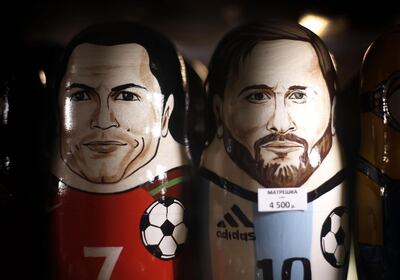 MOSCOW, RUSSIA - JUNE 08:  Russian Matryoshka dolls of Cristiano Ronaldo of Portugal and Lionel Messi of Argentina are seen in a souvenir souvenir shop ahead of the 2018 FIFA World Cup on June 8, 2018 in Moscow, Russia.  (Photo by Ryan Pierse/Getty Images)