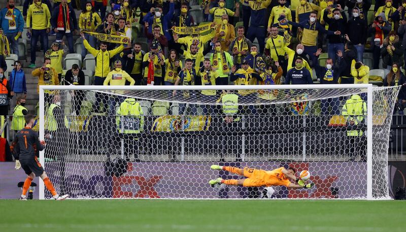 Villarreal goalkeeper Geronimo Rulli saves a penalty from his Manchester United counterpart David de Gea to seal victory in the Europa League final at the Polsat Plus Arena in Gdansk, Poland, on Wednesday, May 26. Reuters