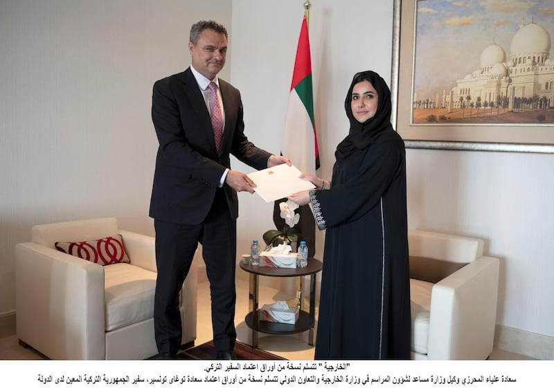 Alya Almehrezi, assistant undersecretary for the protocols affairs office at the UAE Ministry of Foreign Affairs and International Co-operation, receives the credentials of Tugay Tuncer, Turkish ambassador to the UAE. Wam