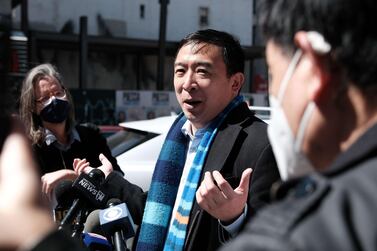 New York mayoral candidate Andrew Yang speaks to members of the media in Chinatown, New York City. Getty Images/AFP 