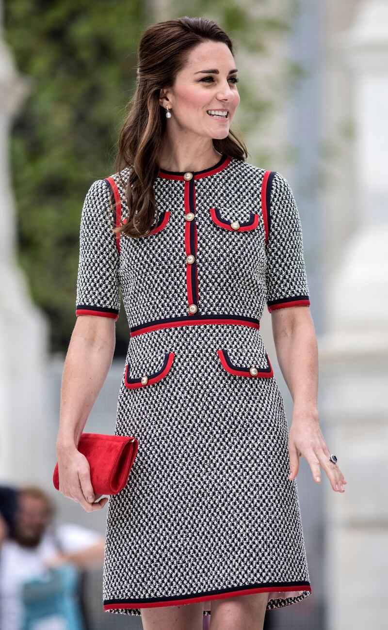 Catherine, Duchess of Cambridge, in 1960s-style Gucci, visits the Victoria and Albert Museum on June 29, 2017, in London. Getty Images