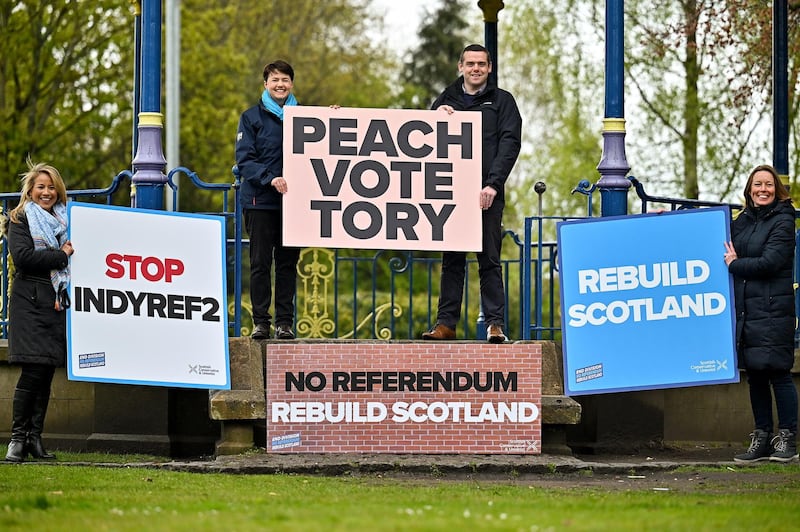 Scottish Conservative party leader Douglas Ross and Former Leader Ruth Davidson campaign with candidates Marie Claire Munro and Rebecca Fraser at Lewisvale Park in Musselburgh. Getty Images