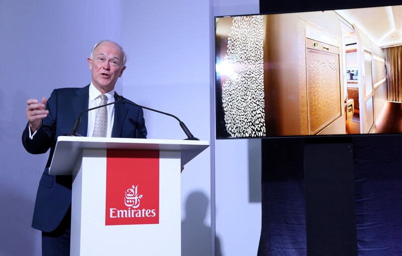 Sir Tim Clark, president of Emirates, gestures during a news conference at the Dubai Airshow on November 12, 2017. Satish Kumar / Reuters
