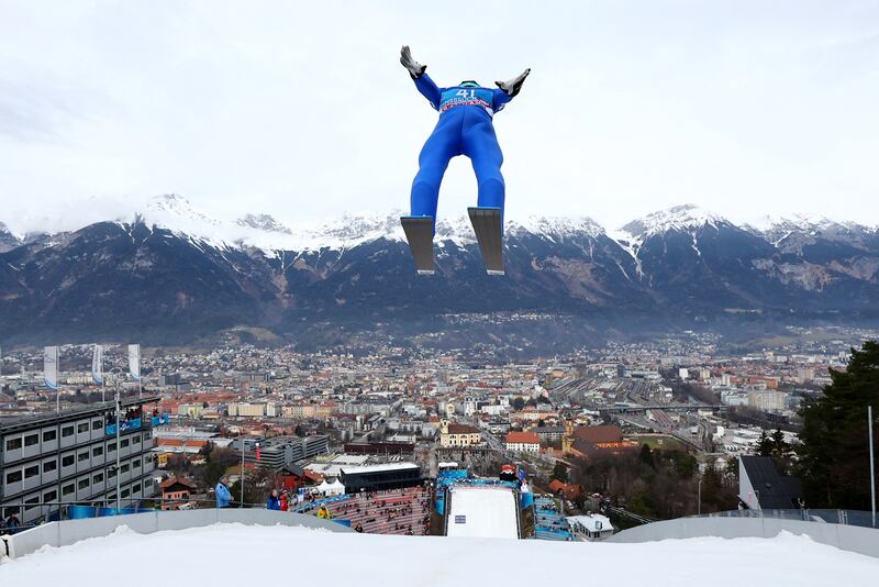 Ski jumper Peter Prevc trains at the Four Hills Tournament in Austria. Reuters