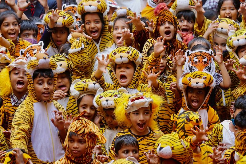 Indian school children wearing tiger costumes and masks participate in the 'Save Our Tiger' awareness campaign on International Tiger Day in Bangalore, India.  EPA
