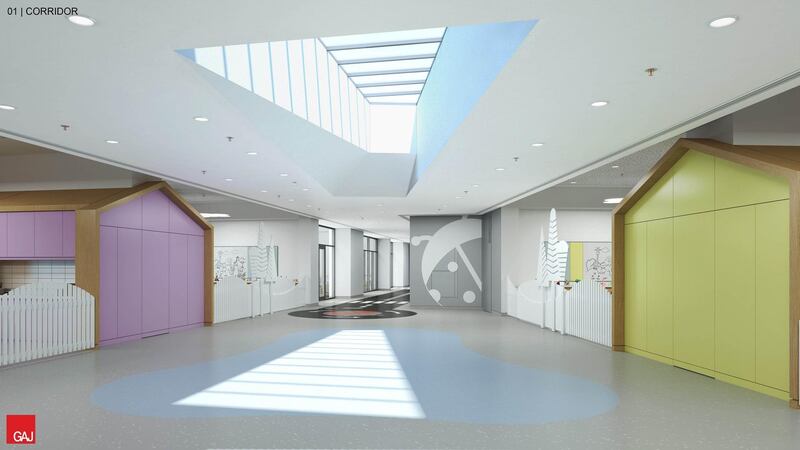 How the new Al Barsha branch of Ladybird Nursery will look when it opens in 2021. Contactless thermal scanners and UV lights to kill off airborne viruses are some of the measures in place to reduce the risk of Covid-19. Rendering of corridor. Courtesy: Ladybird Nursery
