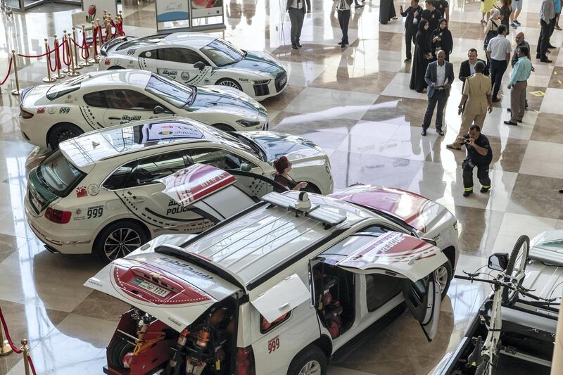 DUBAI, UNITED ARAB EMIRATES. 12 November 2019. The Dubai Police stand at the Dubai Motor Show opening day. (Photo: Antonie Robertson/The National) Journalist: Nic Webster. Section: National.
