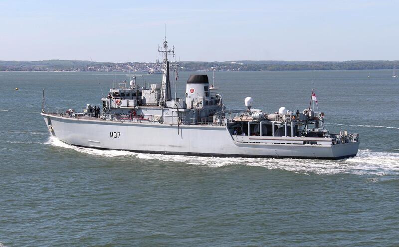 R05C1M The Royal Navy Mine Counter Measures Vessel HMS Chiddingfold sails from Portsmouth, UK on 14th May 2018