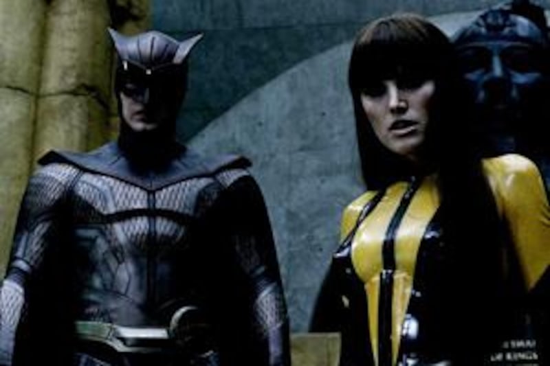 PATRICK WILSON as Nite Owl II, MALIN AKERMAN as Silk Spectre II and JACKIE EARLE HALEY as Rorschach in Warner Bros. PicturesÕ and Paramount PicturesÕ action/sci-fi ÒWatchmen.Ó
PHOTOGRAPHS TO BE USED SOLELY FOR ADVERTISING, PROMOTION, PUBLICITY OR REVIEWS OF THIS SPECIFIC MOTION PICTURE AND TO REMAIN THE PROPERTY OF THE STUDIO. NOT FOR SALE OR REDISTRIBUTION.