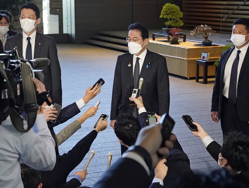 In Tokyo, Japanese Prime Minister Fumio Kishida speaks to reporters about North Korea's ballistic missile test on Wednesday. Reuters