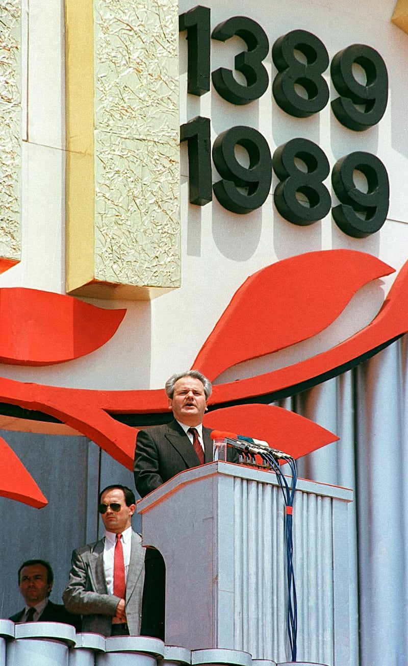 Slobodan Milosevic addresses Serbs in Gazimestan, the field in Kosovo where Serbs lost a battle against the Turks six centuries prior, on June 28, 1989. Milosovic became president of Serbia in 1989. AP
