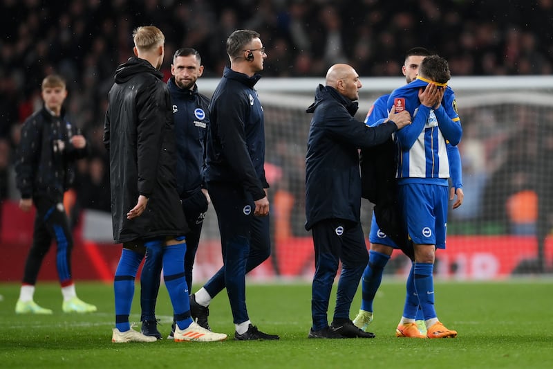 Solly March of Brighton & Hove Albion after missing the team's seventh penalty in the shootout. Getty 