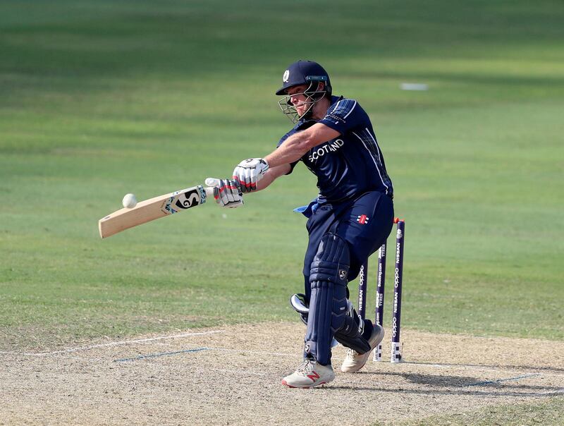 Dubai, United Arab Emirates - October 30, 2019: Richie Berrington of Scotland scores more runs during the game between the UAE and Scotland in the World Cup Qualifier in the Dubai International Cricket Stadium. Wednesday the 30th of October 2019. Sports City, Dubai. Chris Whiteoak / The National