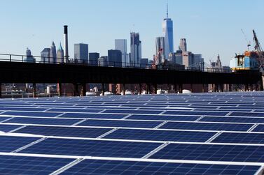 Solar panels in New York. Shares of renewable energy companies expected to benefit from Joe Biden’s energy policy plans have surged. AP