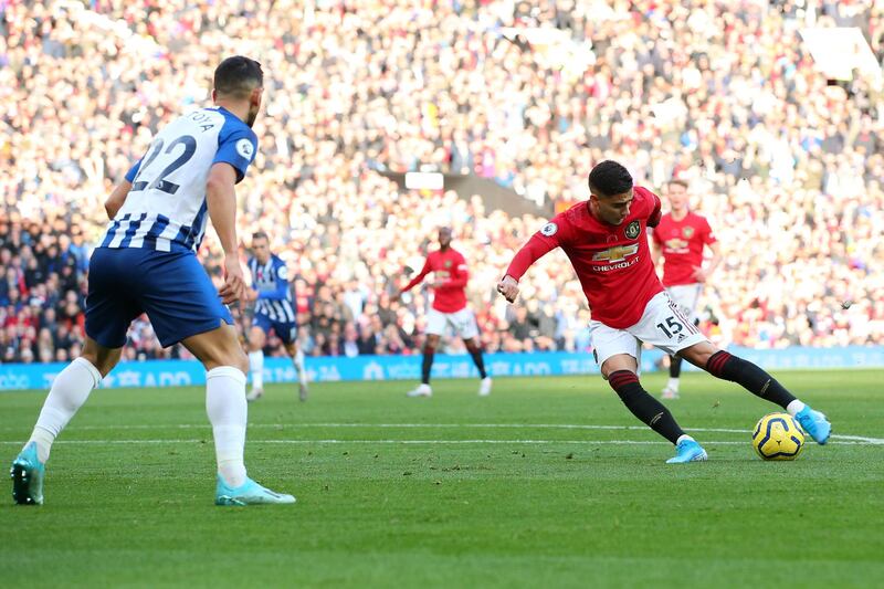 Andreas Pereira scores Manchester United's first goal against Brighton and Hove Albion at Old Trafford. Getty Images