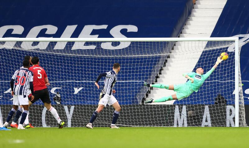 West Bromwich Albion goalkeeper Sam Johnstone denies Manchester United's Harry Maguire a late winner during the Premier League game at the Hawthorns on Sunday, February 14. The match finished 1-1. PA