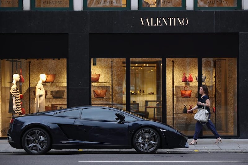 A Lamborghini Aventador parked outside the Valentino Store in Knightsbridge in London, England in August 2014. Not every supercar in London is imported from the Arabian Gulf with luxury rental companies saying they are making a roaring trade. Dan Kitwood / Getty Images 