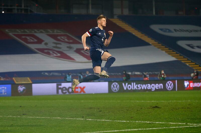 Scotland's  Scott McTominay celebrates in Belgrade. Getty Images