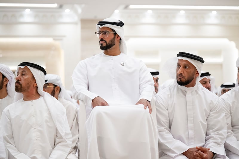 Sheikh Abdulla bin Mohammed and Sheikh Zayed bin Hamdan attend the funeral prayers. Omar Askar / UAE Presidential Court