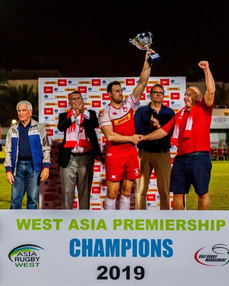 Bahrain players celebrate after beating Dubai Exiles in the final of the 2019 West Asia Premiership final. Courtesy Bahrain RFC