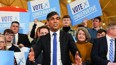 British Prime Minister Rishi Sunak in Teesside celebrating with Ben Houchen following his re-election as Tees Valley Mayor, on May 3. PA Wire