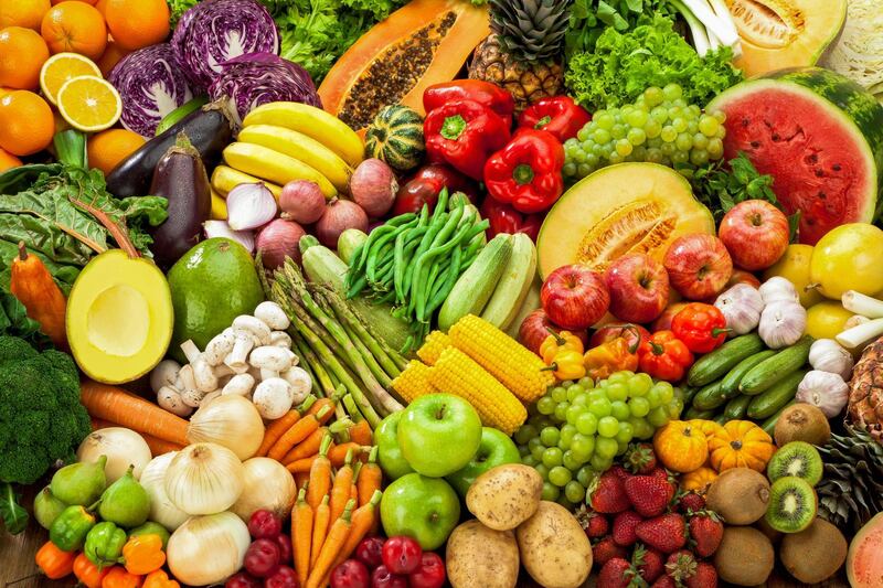 Assortment of Fruits and Vegetables Background