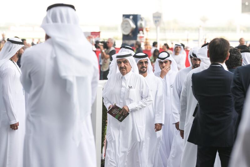 DUBAI, UNITED ARAB EMIRATES - MARCH 31, 2018. 

Sheikh Hamdan bin Rashid arrives at Dubai World Cup 2018.

(Photo by Reem Mohammed/The National)

Reporter: 
Section: NA