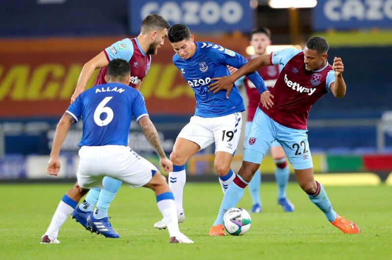 James Rodriguez under pressure from West Ham's  Sebastien Haller during the Merseysiders' 4-1 victory at Goodison Park. PA