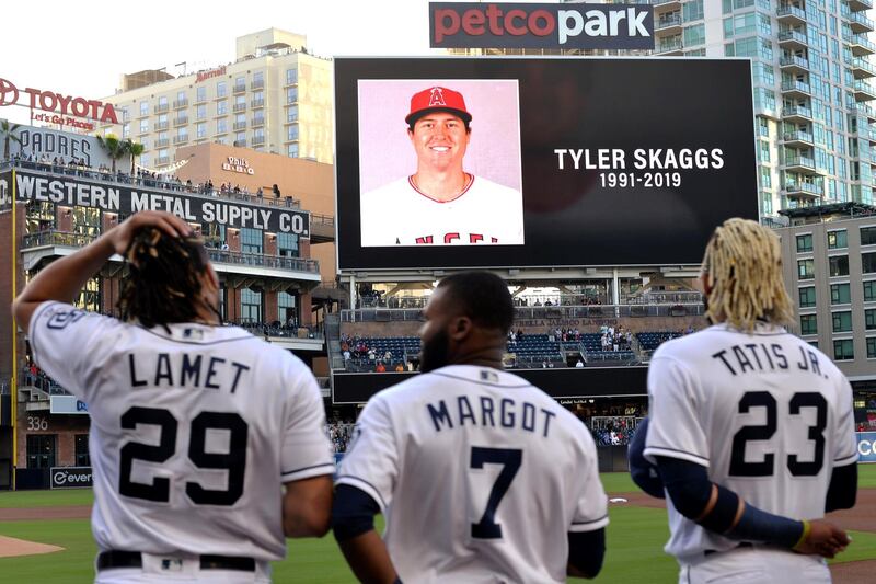 Jul 1, 2019; San Diego, CA, USA; The San Diego Padres pay tribute to Los Angeles Angels pitcher Tyler Skaggs before a game against the San Francisco Giants at Petco Park. Mandatory Credit: Jake Roth-USA TODAY Sports     TPX IMAGES OF THE DAY