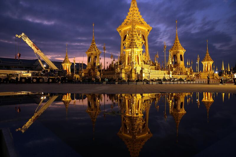 A crane is seen next to the royal crematorium of late Thailand King Bhumibol Adulyadej in Bangkok. It is to be dismantled. Athit Perawongmetha / Reuters