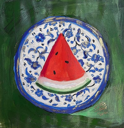 Beesan Arafat  (@beesanarafat on Instagram), Palestinian-Jordanian artist in England, depicts a slice of watermelon on a Hebron plate. Courtesy the artist