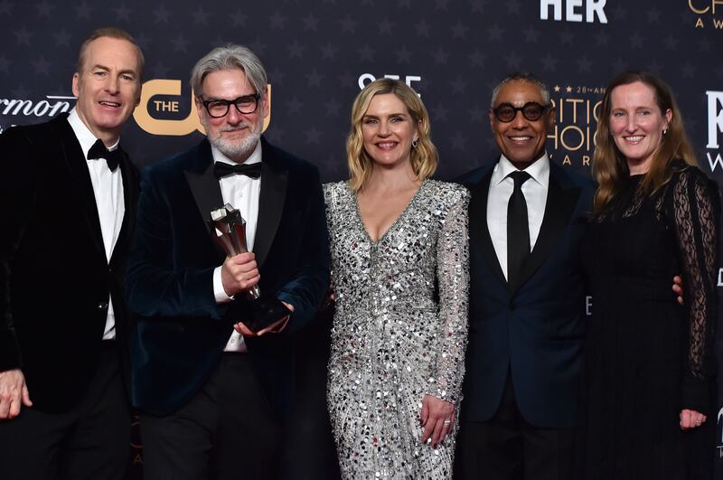 From left, Bob Odenkirk, Peter Gould, Rhea Seehorn, Giancarlo Esposito and Melissa Bernstein celebrate Better Call Saul win. AP