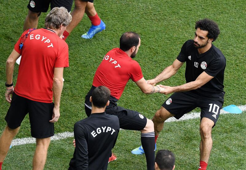 Egypt's Mohamed Salah trains with his team at the Volgograd Arena in Volgograd on June 24, on the eve of their World Cup Group A match against Saudi Arabia. AFP