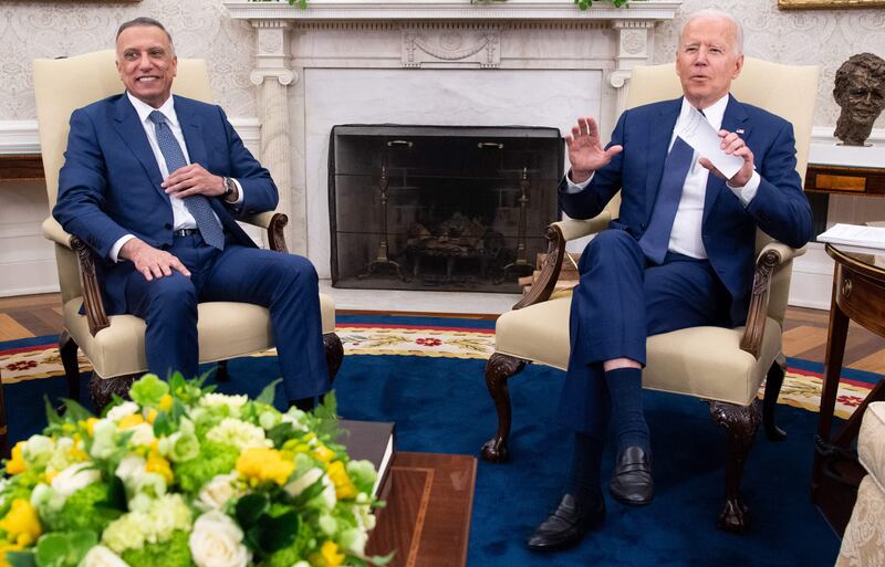 US President Joe Biden meets Iraqi Prime Minister Mustafa Al Kadhimi at the Oval Office of the White House.