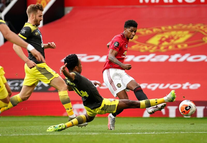 Manchester United's Marcus Rashford scores his team's first goal against Southampton. AP