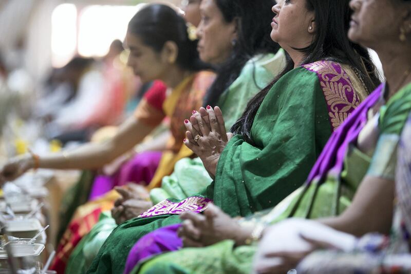 ABU DHABI, UNITED ARAB EMIRATES - April 20 2019.

The Shilanyas Vidhi, The Foundation
ceremony of the first traditional Hindu Mandir in Abu Dhabi, UAE. The Vedic ceremony is performed in the holy presence of His Holiness Mahant Swami Maharaj, the spiritual leader of BAPS Swaminarayan Sanstha.

(Photo by Reem Mohammed/The National)

Reporter:
Section: NA + BZ