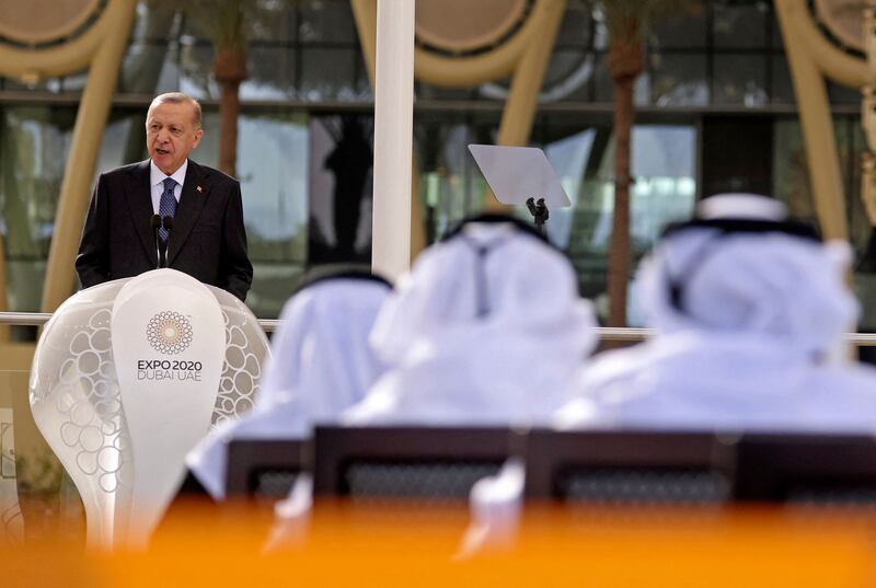 Turkish President Recep Tayyip Erdogan delivers a speech at Turkey's pavilion in Dubai Expo 2020. AFP