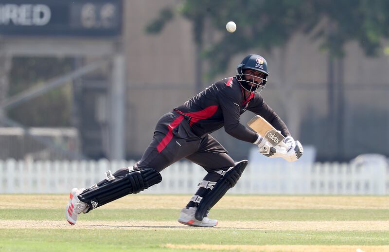 UAE batsman Mohammad Waseem plays a shot during the T20 match against Ireland at ICC Academy in Dubai on 10 October, 2021. All photos by Pawan Singh / The National