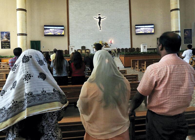 Ras Al Khaimah, February, 05, 2019: People attend the Pope Francis Papal mass live streaming at St Anthony of Padua Church in Ras Al Khaimah . Satish Kumar/ For the National / Story by Ruba Haza