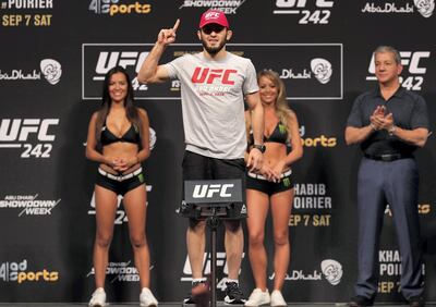 Abu Dhabi, United Arab Emirates - September 06, 2019: Islam Makhachev weights in before his fight with Davi Ramos at UFC 242. Friday the 6th of September 2019. Yes Island, Abu Dhabi. Chris Whiteoak / The National