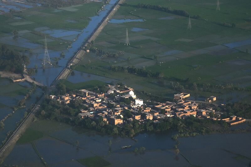 This aerial photograph shows a flooded area on the outskirts of Sukkur, Sindh province. AFP