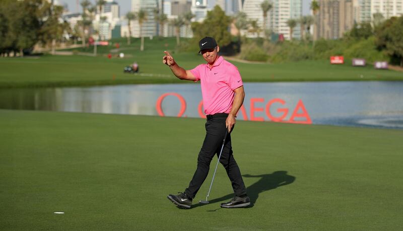 Paul Casey on the 18th green during the third round of the Omega Dubai Desert Classic at Emirates Golf Club. Getty